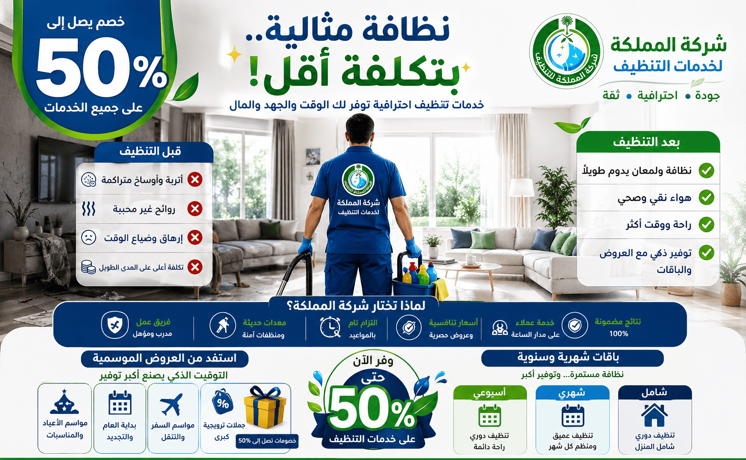 لخدمات التنظيف,خصم 50% على خدمات التنظيف المنزلي,خدمات التنظيف المنزلي,شركة المملكة لخدمات التنظيف,خصومات ٥٠,تخفيضات العائلة,